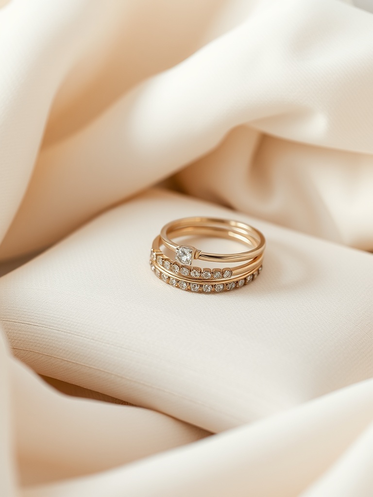 Layered minimalist rings on a soft fabric background
