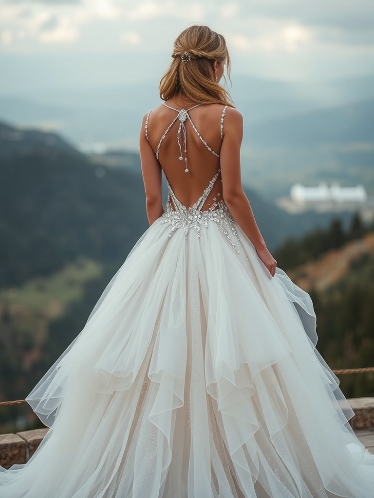 A bride in a stunning layered tulle wedding dress with sparkling underlays, showcasing a beautiful back design and a scenic backdrop.