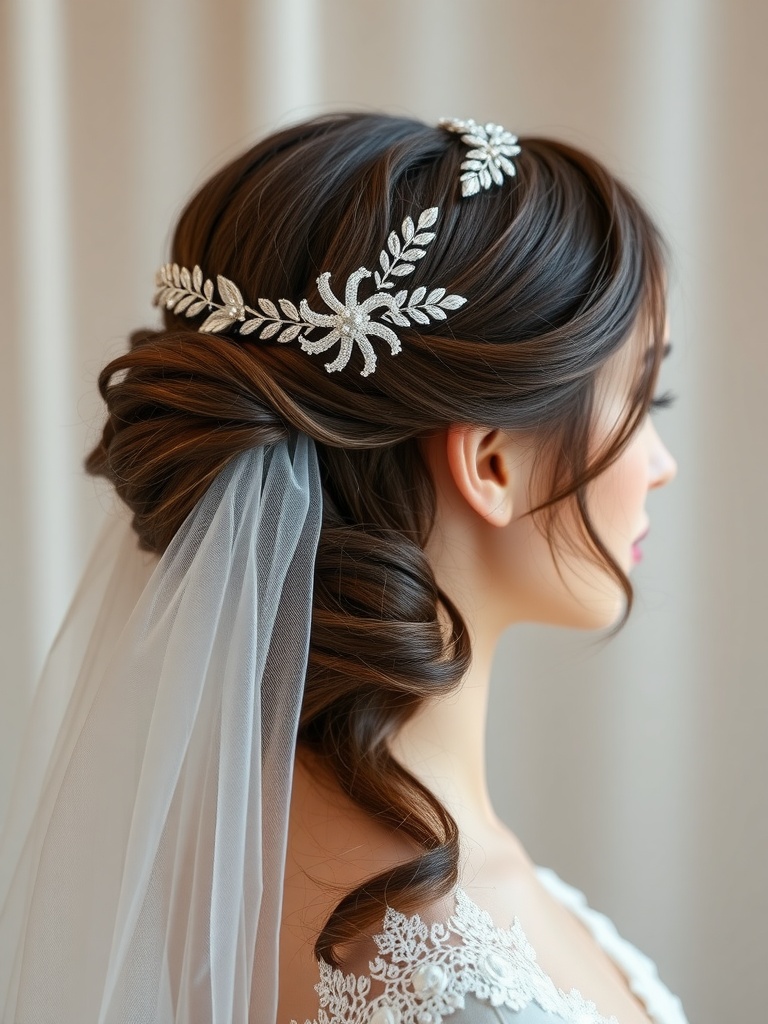 Bride with a veil and hair accessory showing elegant hairstyle