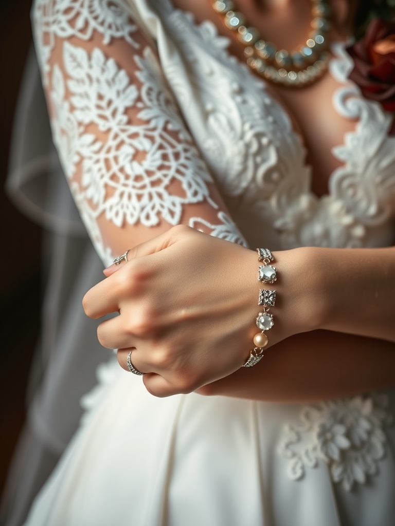 A close-up of a bride's hand wearing layered bracelets, showcasing intricate detailing against her wedding dress.
