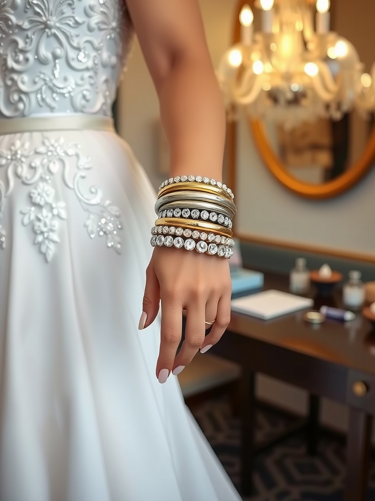 A close-up of a hand adorned with layered bracelets, against the backdrop of a bridal gown
