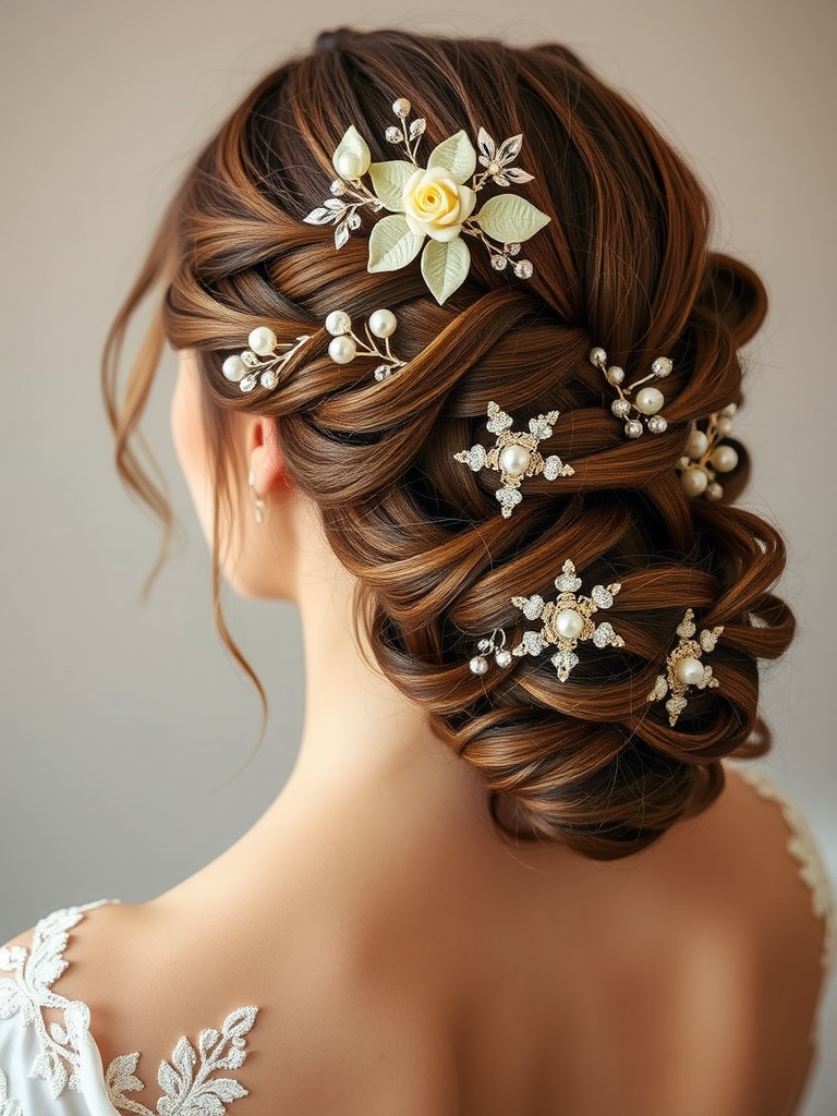 Bridal hairstyle featuring layered hair accessories including a flower, pearls, and decorative clips.