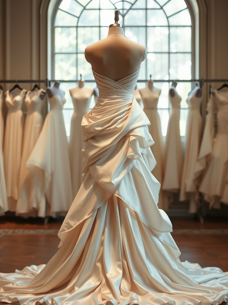 A beautifully layered silk wedding dress displayed on a mannequin in a bridal shop.