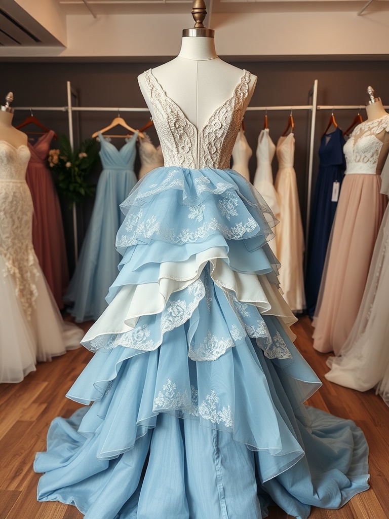 A layered pastel blue wedding dress displayed on a mannequin in a bridal shop.