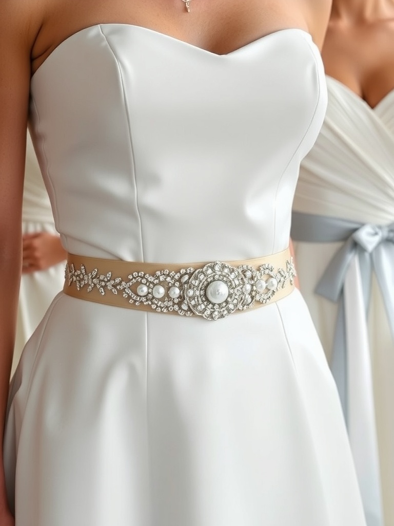 A close-up of a wedding dress featuring an embellished bridal belt, enhancing the gown's elegance.