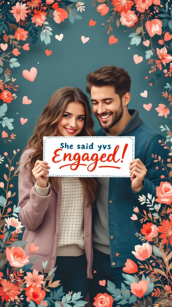 A couple joyfully holding a sign that reads 'She said yes! Engaged!' surrounded by floral decorations.