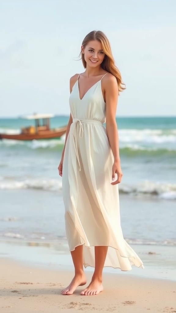 A woman wearing a lightweight A-line sundress at the beach, showcasing a breezy summer wedding outfit.