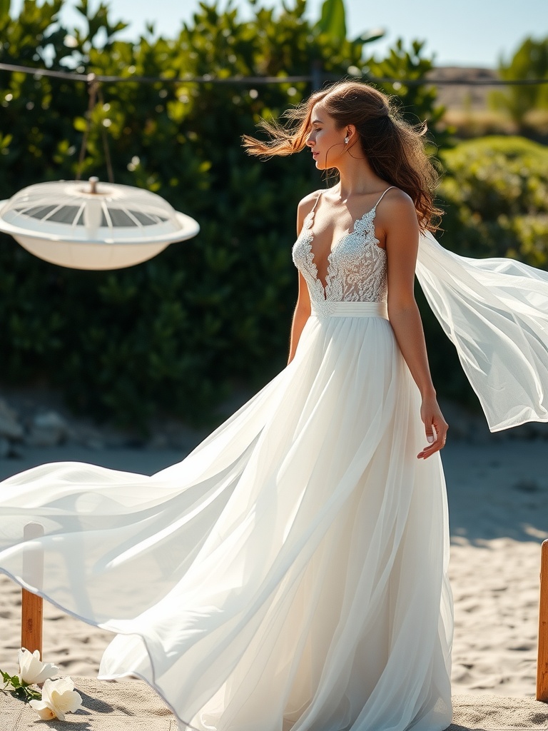 A bride in a lightweight summer bridal gown stands on the beach, her dress flowing in the wind.