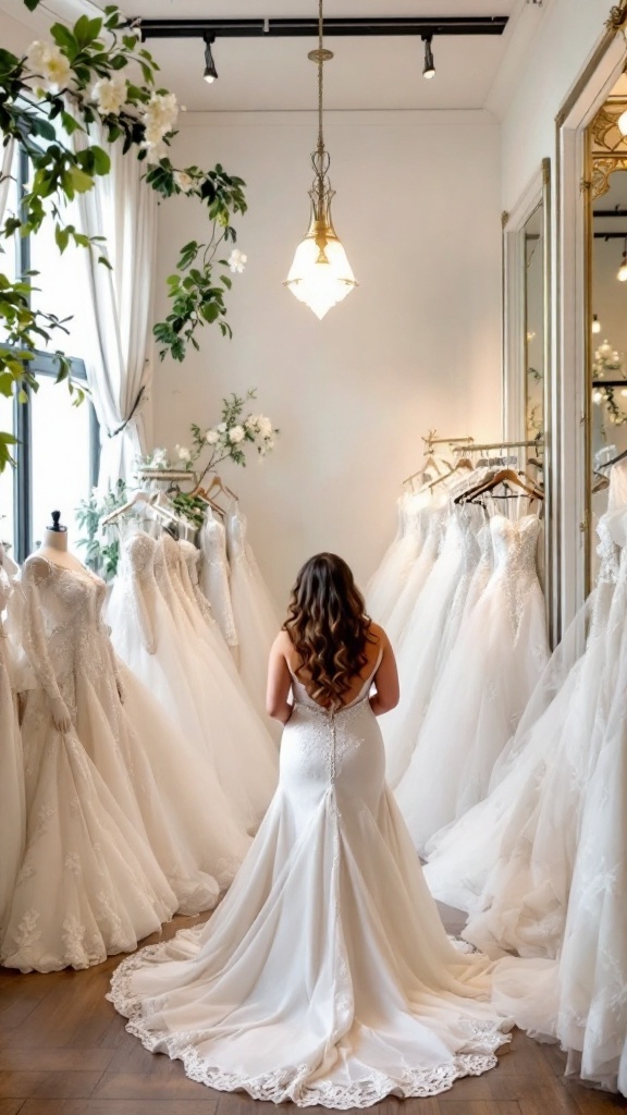 A curvy bride looking at wedding dresses in a bridal boutique.