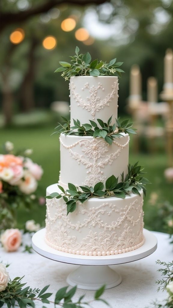 A three-tiered vintage wedding cake decorated with lace patterns and lush greenery accents, set outdoors with soft lighting.