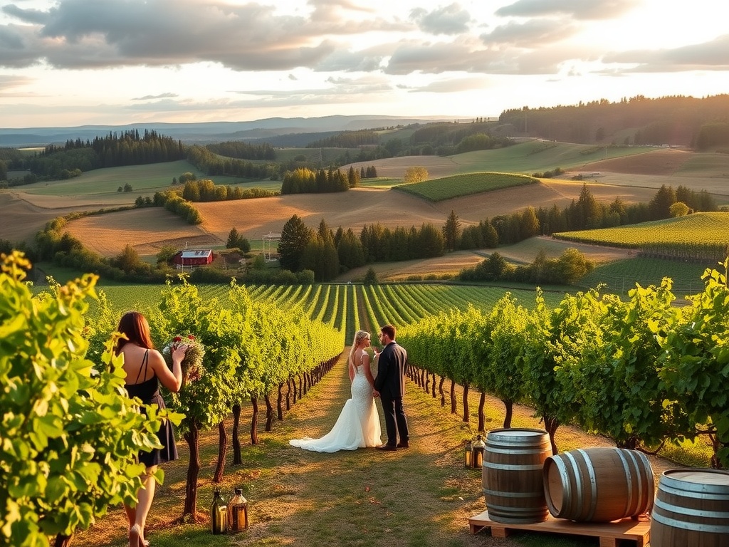A couple exchanging vows in a vineyard with rolling hills and sunset in the background, showcasing a romantic wedding setting.