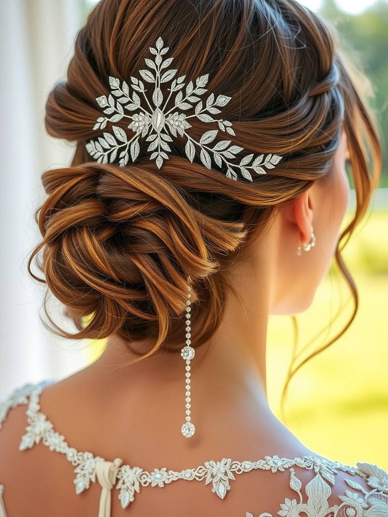 A bridal hairstyle featuring a luxe hair chain in an elegant updo.