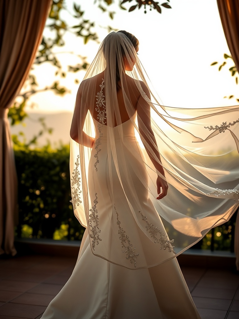 A bride wearing a luxurious satin cape with crystal embellishments, standing in a scenic outdoor setting.