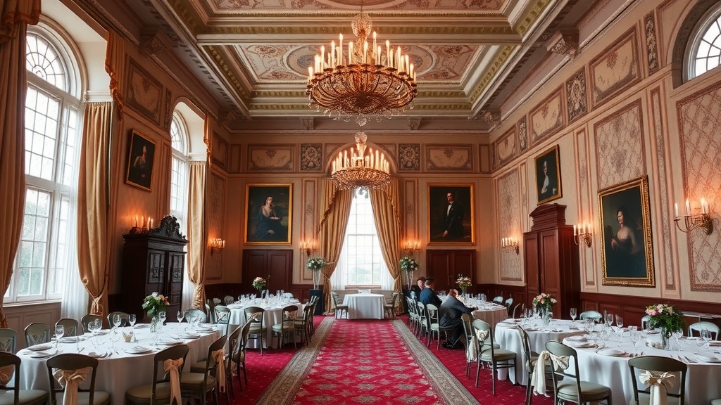 A couple getting married in a luxurious castle courtyard with guests seated around them and a drone capturing the moment.