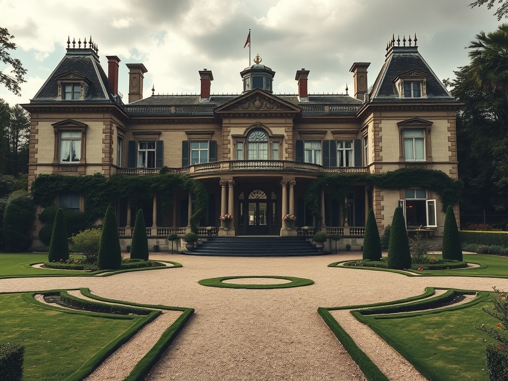 Luxurious manor house with manicured gardens, perfect for a fairytale wedding.