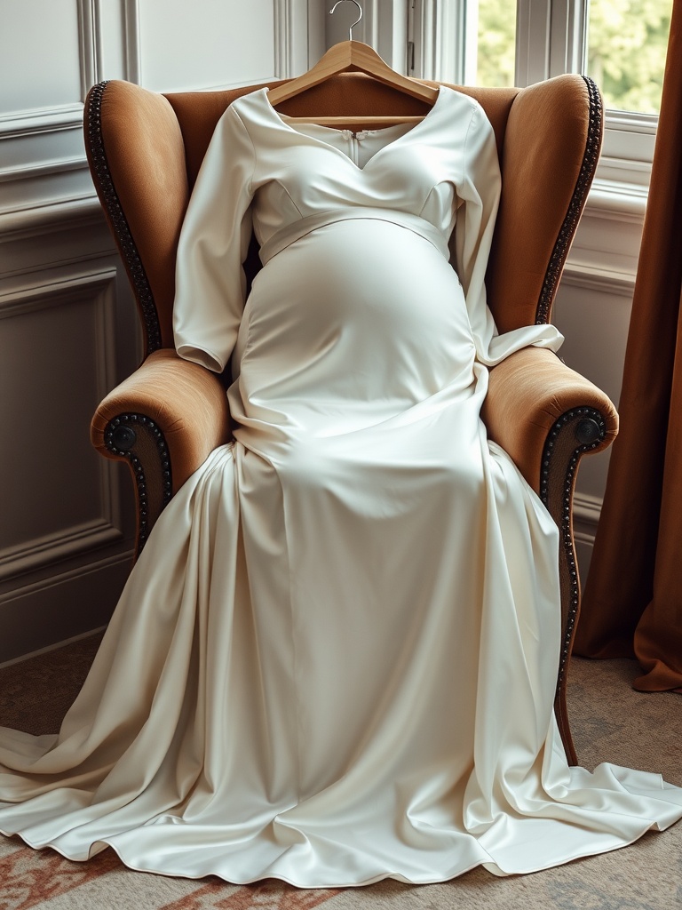 Luxurious satin and silk maternity wedding dress displayed on a hanger on an armchair.