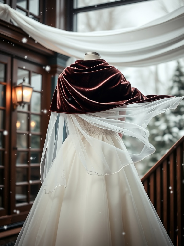 A luxurious velvet bridal capelet draped over a wedding dress mannequin, set in a wintery indoor backdrop.
