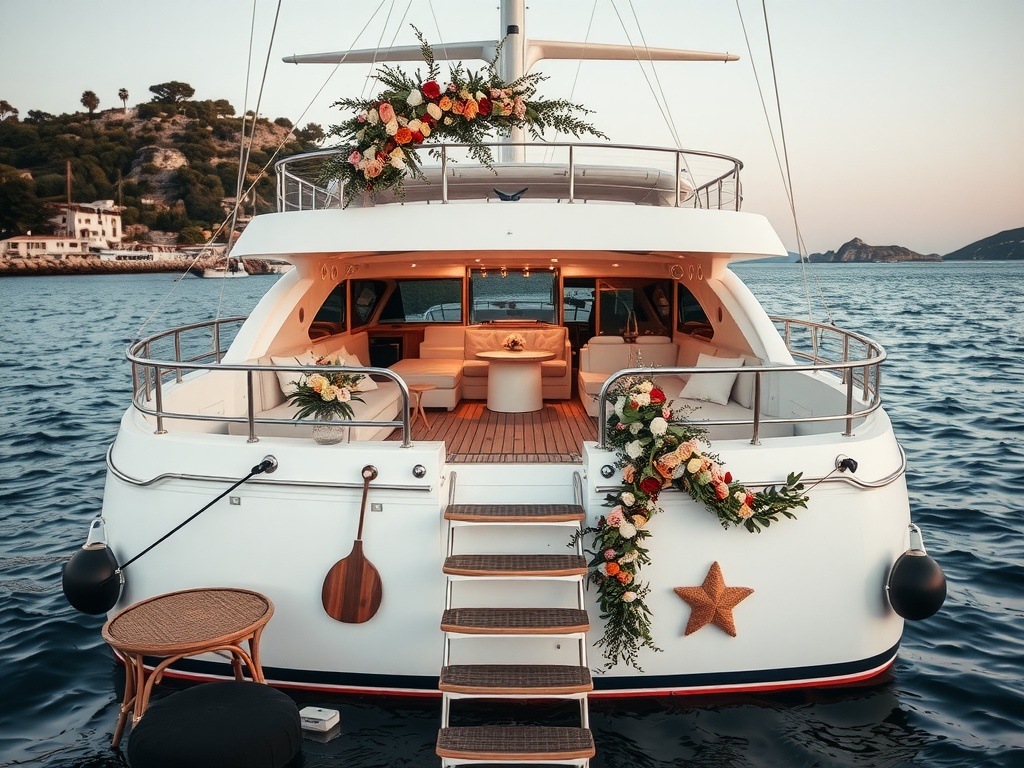 Luxury yacht with floral decorations in the Mediterranean