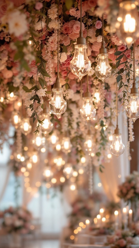 Hanging floral arrangements with lights for a romantic wedding decor