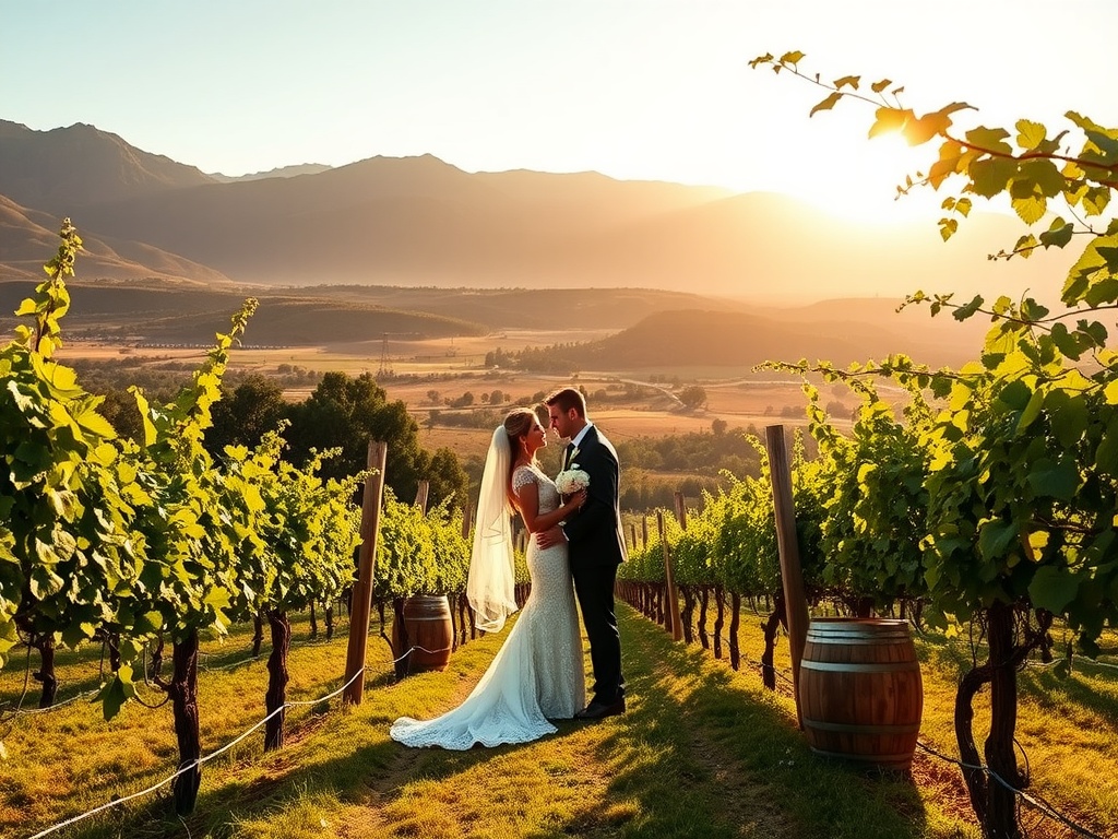 Couple embracing in a vineyard during sunset with mountains in the background.
