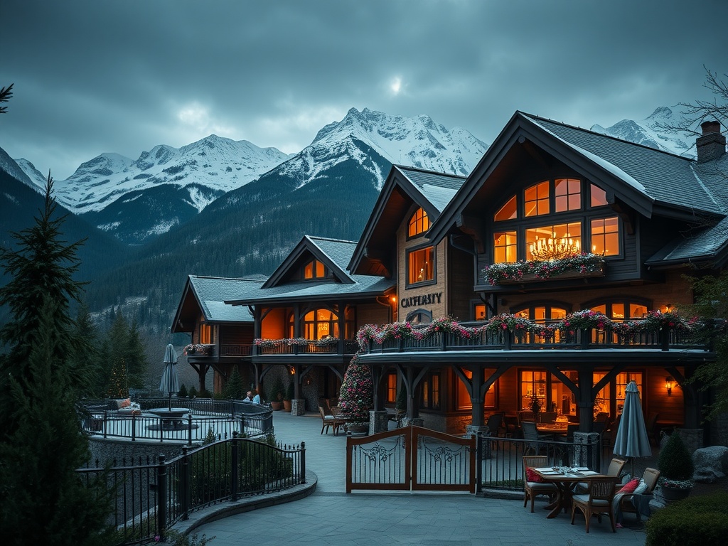 Majestic mountain lodge surrounded by snow-capped mountains at dusk with warm lights glowing from the windows.