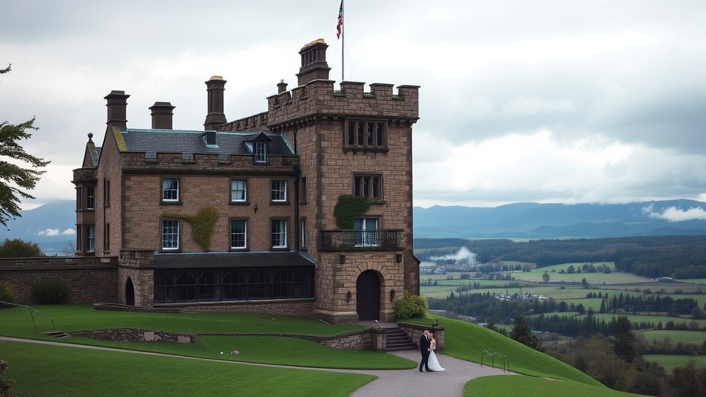 A beautiful outdoor wedding ceremony in front of a Scottish castle with guests seated.