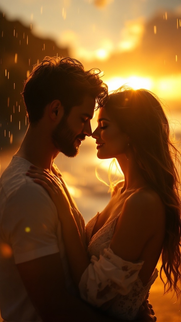 A couple sharing a moment at sunset, showcasing a romantic atmosphere with natural light.