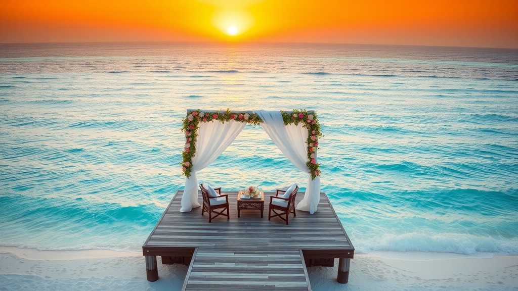 A beautiful wedding setup on an overwater bungalow in the Maldives during sunset.