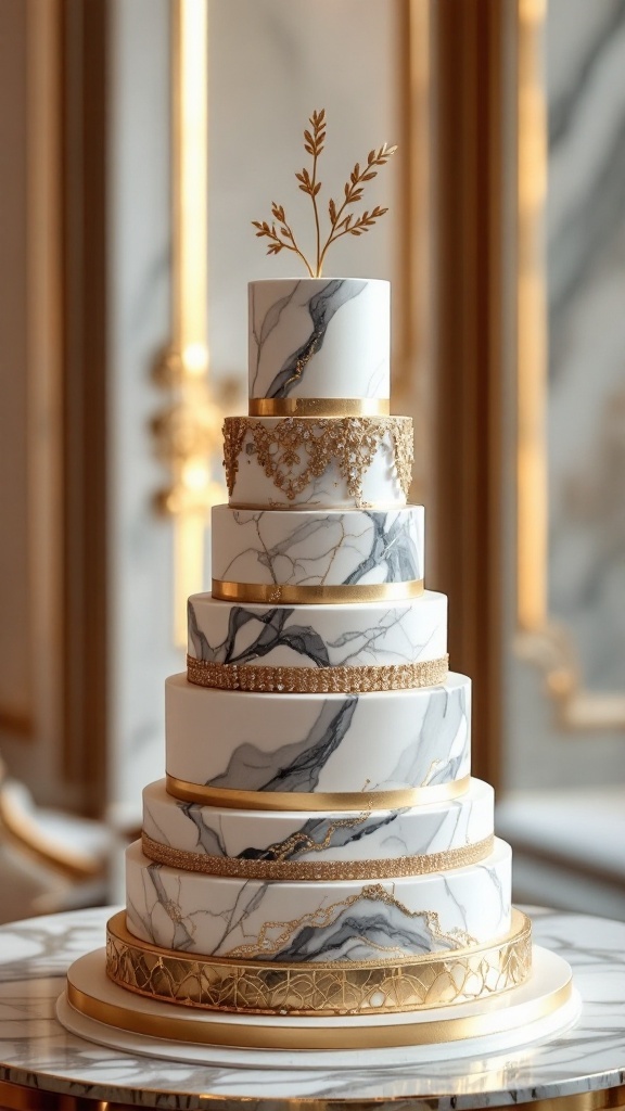 A luxurious multi-tiered wedding cake with a marble effect and gold accents.