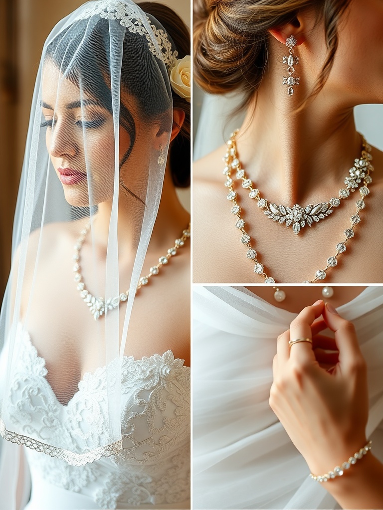 Bride wearing a veil, earrings, and necklace with elegant details