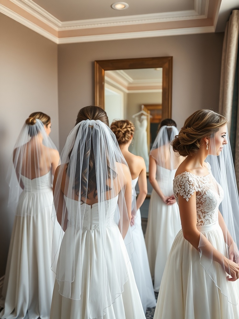 Brides trying on different veils with various hairstyles in a bridal suite.