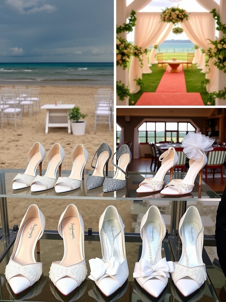 A selection of bridal shoes including elegant heels and stylish sandals, displayed for a wedding.