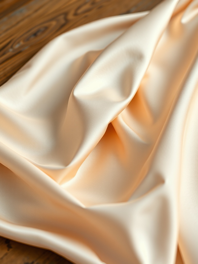 A close-up of smooth, peach fabric draped on a wooden surface, ideal for a column wedding dress.