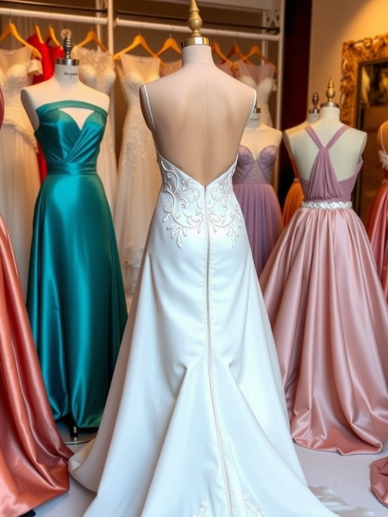 A collection of backless wedding dresses showcased against a sunset, highlighting their elegant designs and intricate details.