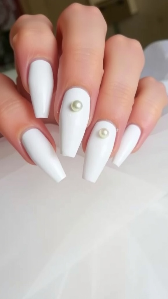 A close-up of a bride's hands holding a bouquet of white roses, showcasing elegant matte white and blush pink wedding nails.