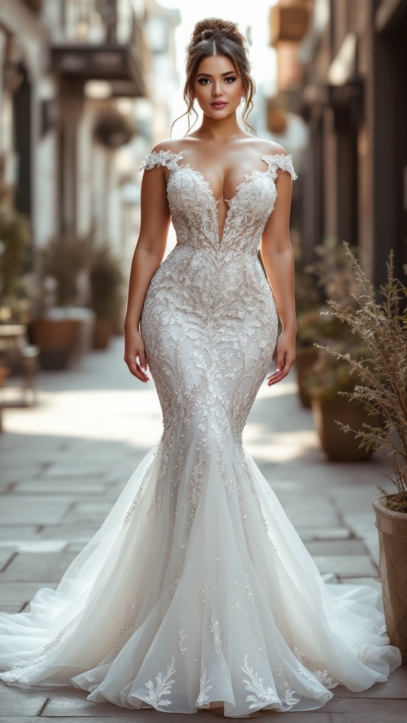 A mermaid cut wedding dress showcasing a fitted bodice and flared skirt, perfect for curvy brides.