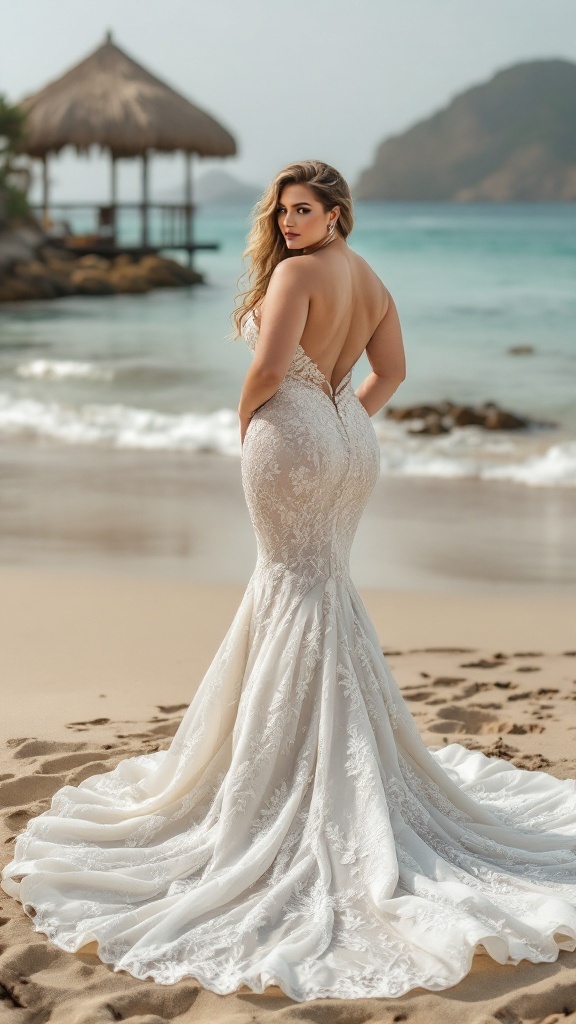 A beautiful plus size mermaid wedding dress with lace design and a deep back, set against a beach background.