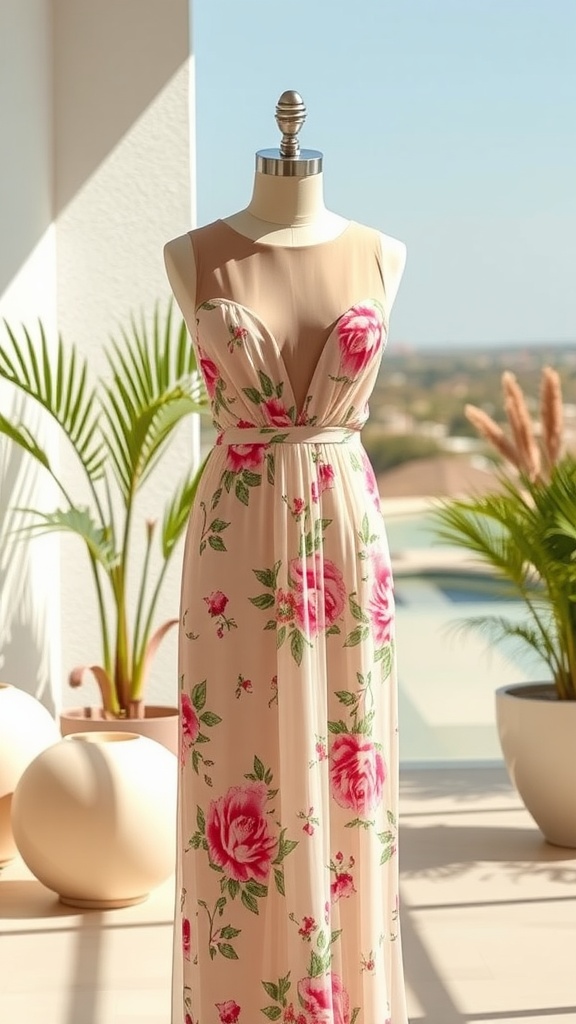 A beautiful floral mesh overlay dress displayed on a mannequin, showcasing vibrant colors perfect for summer weddings.