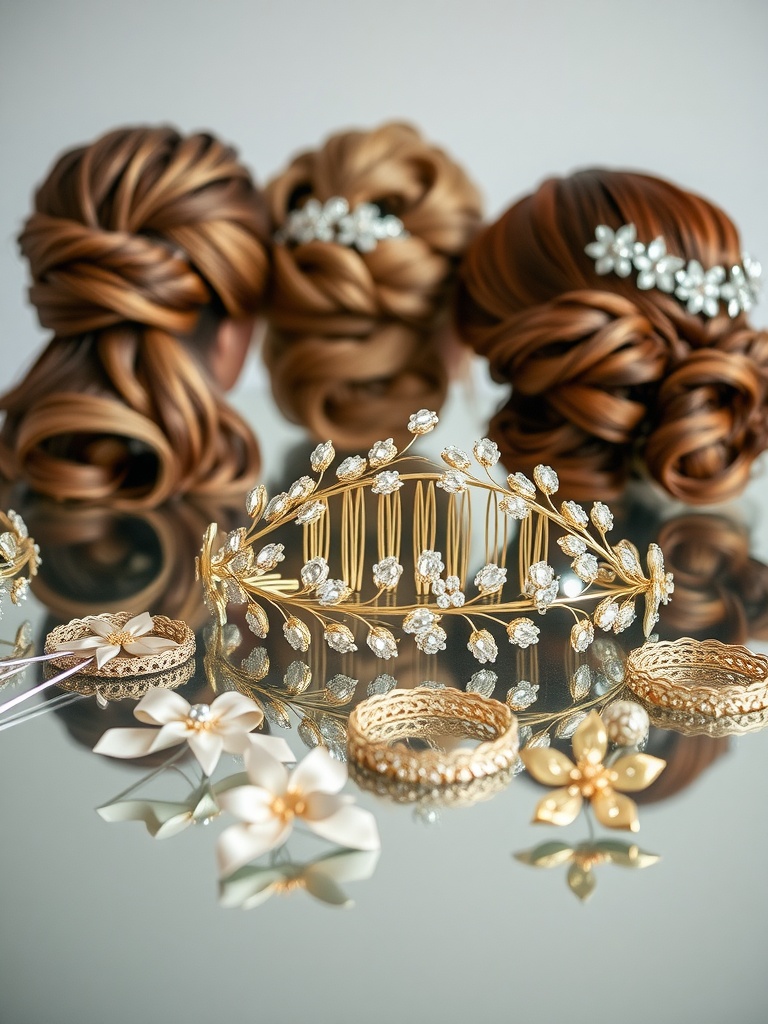 A collection of bridal hair accessories including metallic combs, tiaras, and floral pins displayed with elegant hairstyles.