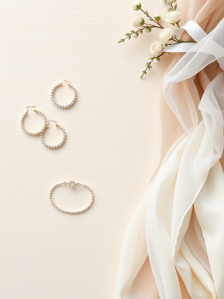 Elegant minimalist wedding accessories including hoop earrings, a bracelet, and delicate flowers.