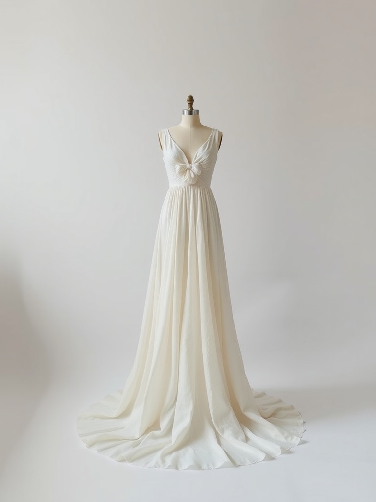 A minimalist wedding dress on a mannequin, showcasing a simple yet elegant design.