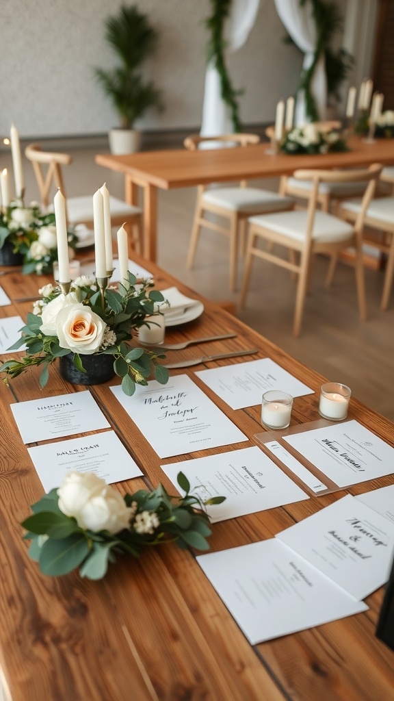 A beautifully arranged table showcasing minimalist wedding invitations, floral decorations, and candlelight.