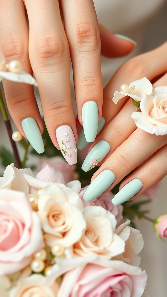 Mint green nails with floral accents and pearls, perfect for weddings