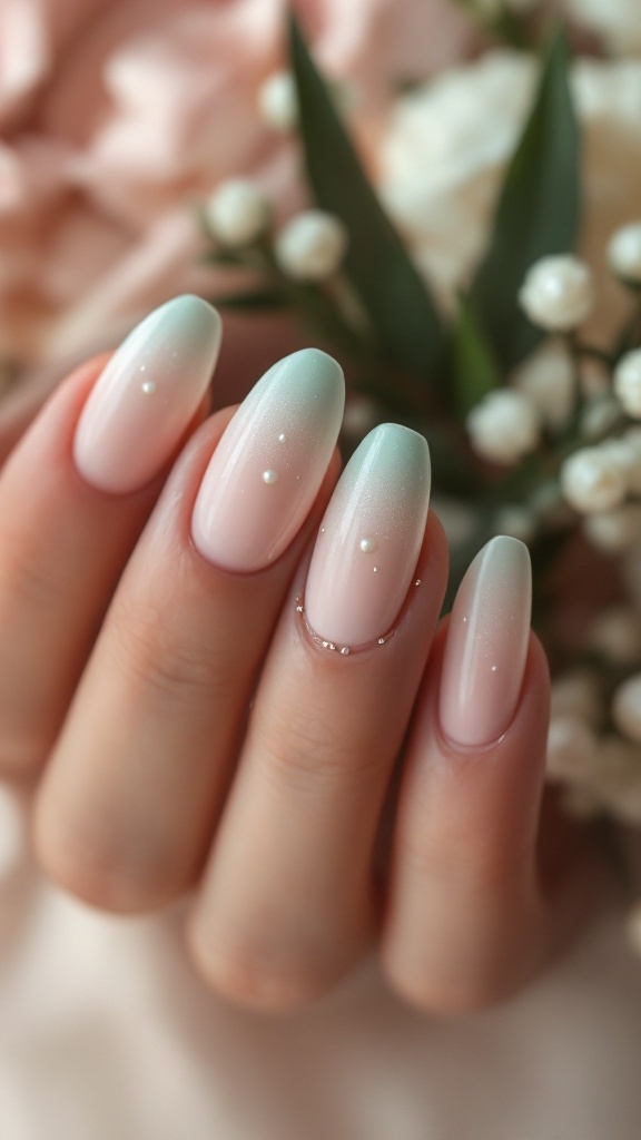 Mint green to white ombre wedding nails with pearls