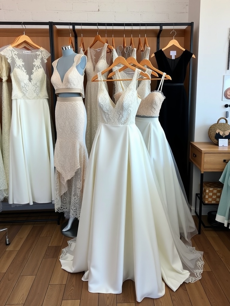 Display of two-piece wedding dresses including crop tops and skirts, showcasing modern bridal fashion.