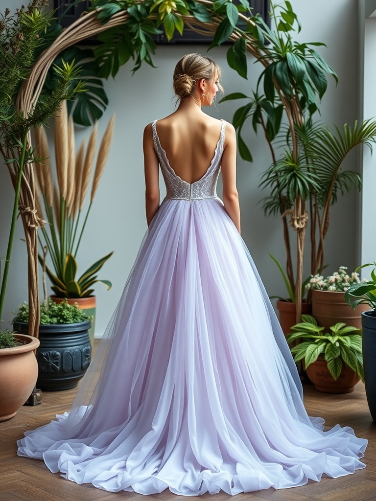 A woman wearing a beautiful blush wedding dress, showcasing a classic design with a modern twist.