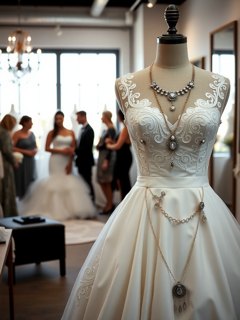 A bridal gown on a mannequin adorned with vintage jewelry, showcasing a modern wedding dress style with classic accessories.
