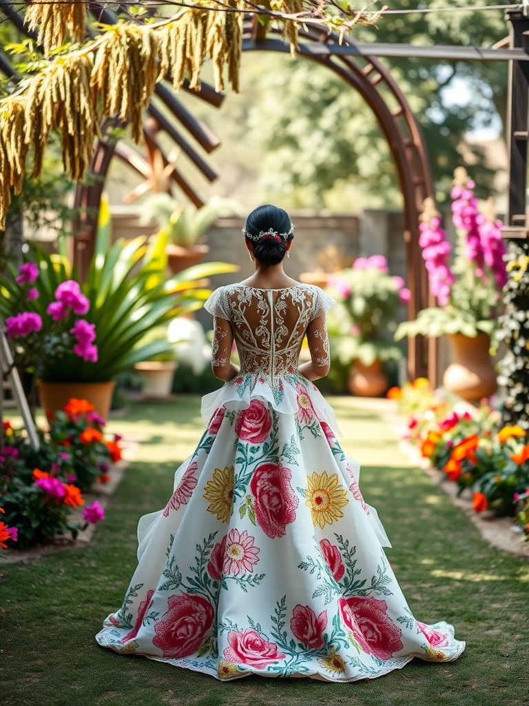 A bride wearing a floral-patterned colored wedding dress in a garden setting.