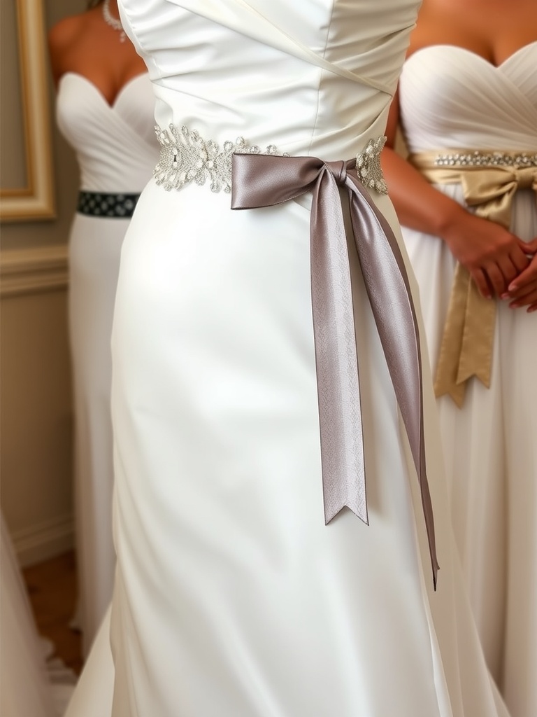 A close-up of a bridal gown featuring an embellished belt and satin sash, showcasing a stylish waist-defining accessory.
