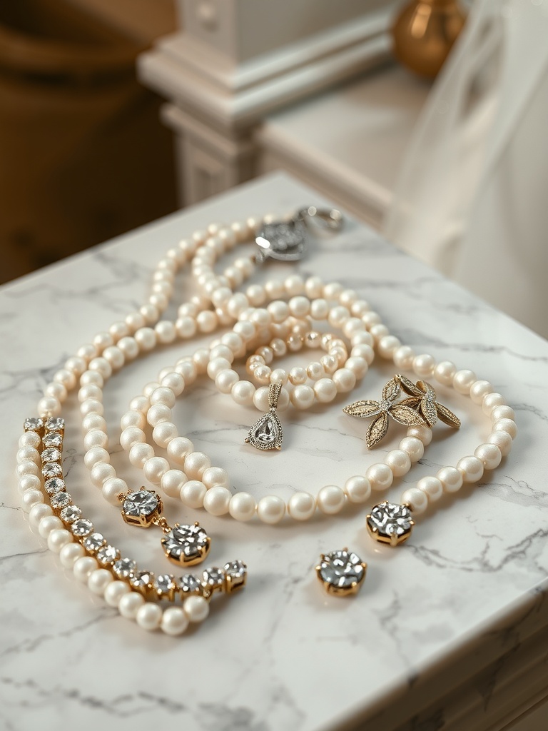 A collection of pearl jewelry featuring necklaces and earrings, alongside diamond accents, displayed on a marble surface.